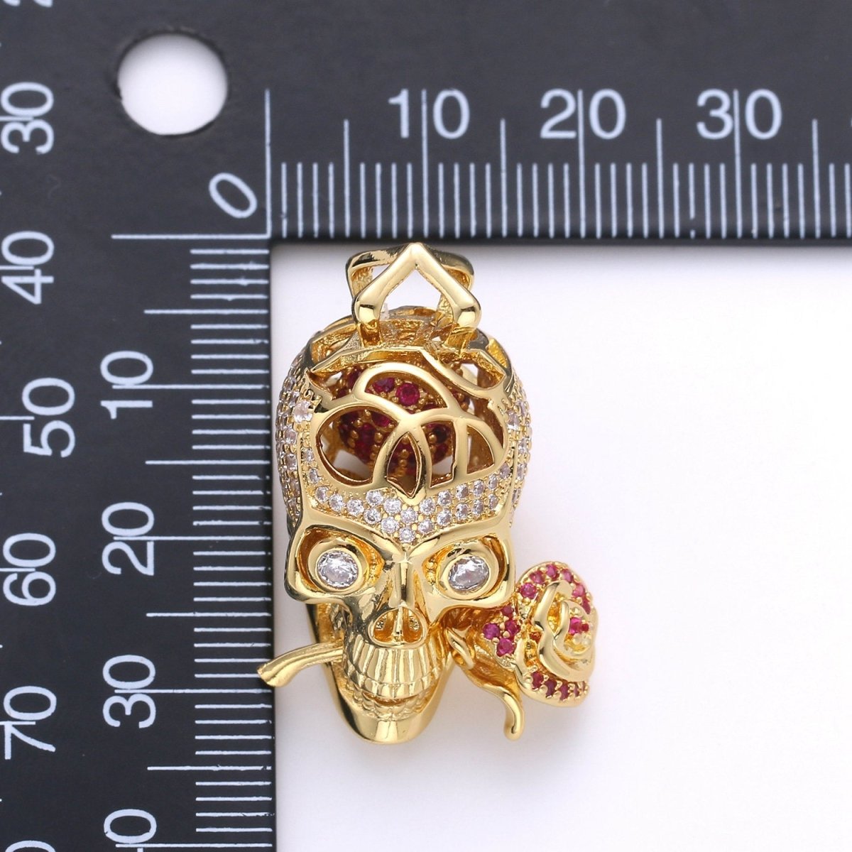Gold Skull Rose pendant Micro Pave Pendant Clear Cubic Zirconia skull for Statement necklace Day of the Dead Jewelry I-730