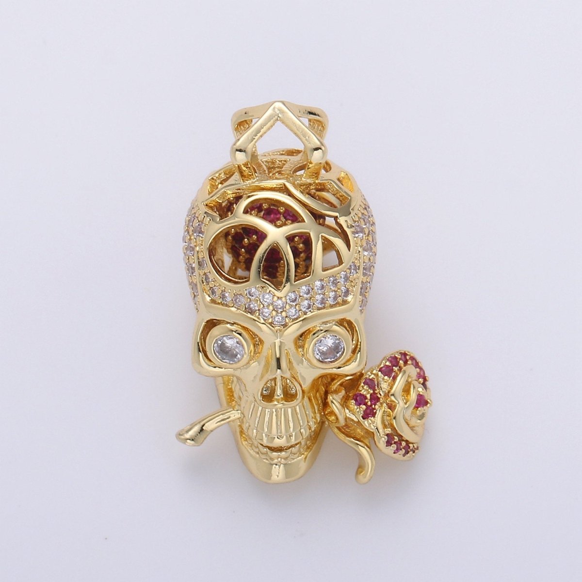 Gold Skull Rose pendant Micro Pave Pendant Clear Cubic Zirconia skull for Statement necklace Day of the Dead Jewelry I-730