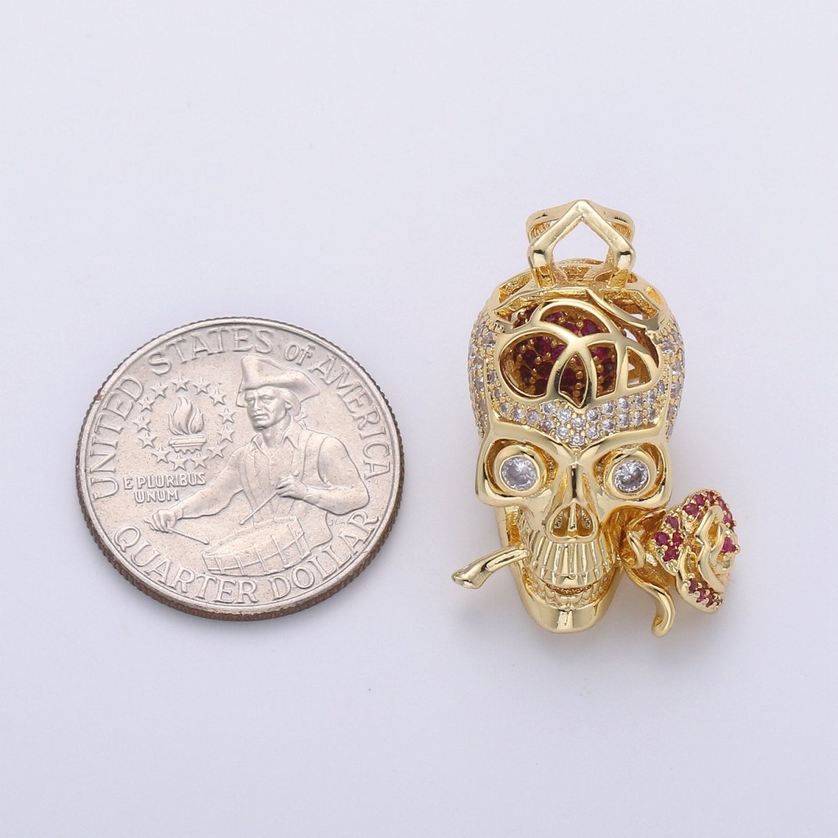 Gold Skull Rose pendant Micro Pave Pendant Clear Cubic Zirconia skull for Statement necklace Day of the Dead Jewelry I-730