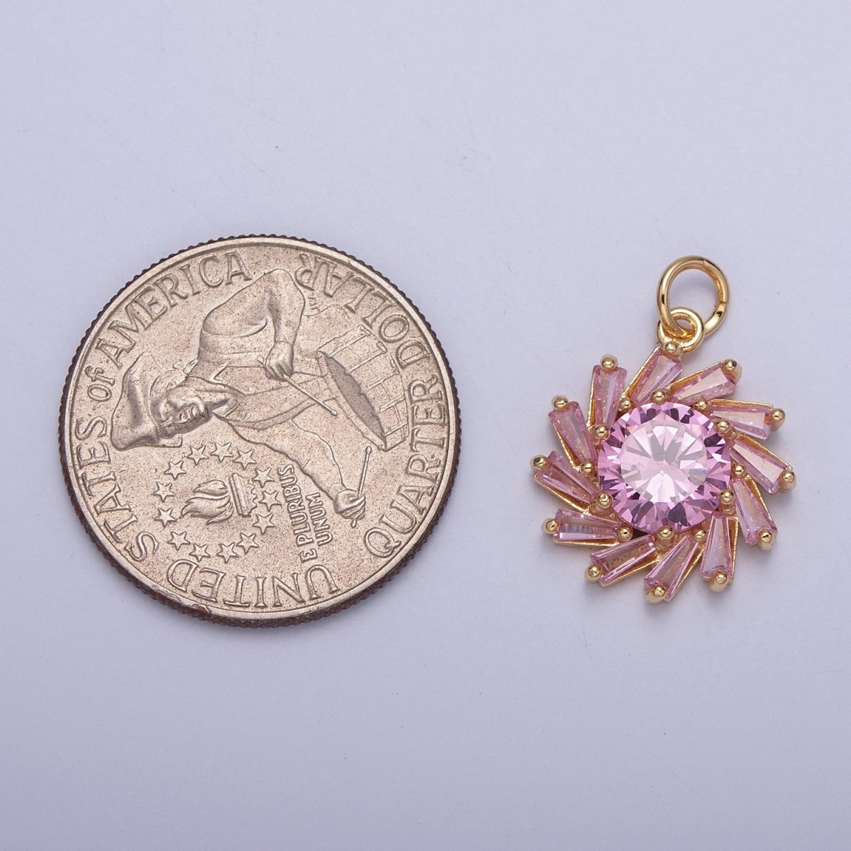 Gold Spiral Pink Baguette Round Cubic Zirconia Charm For Jewelry Making | X-262