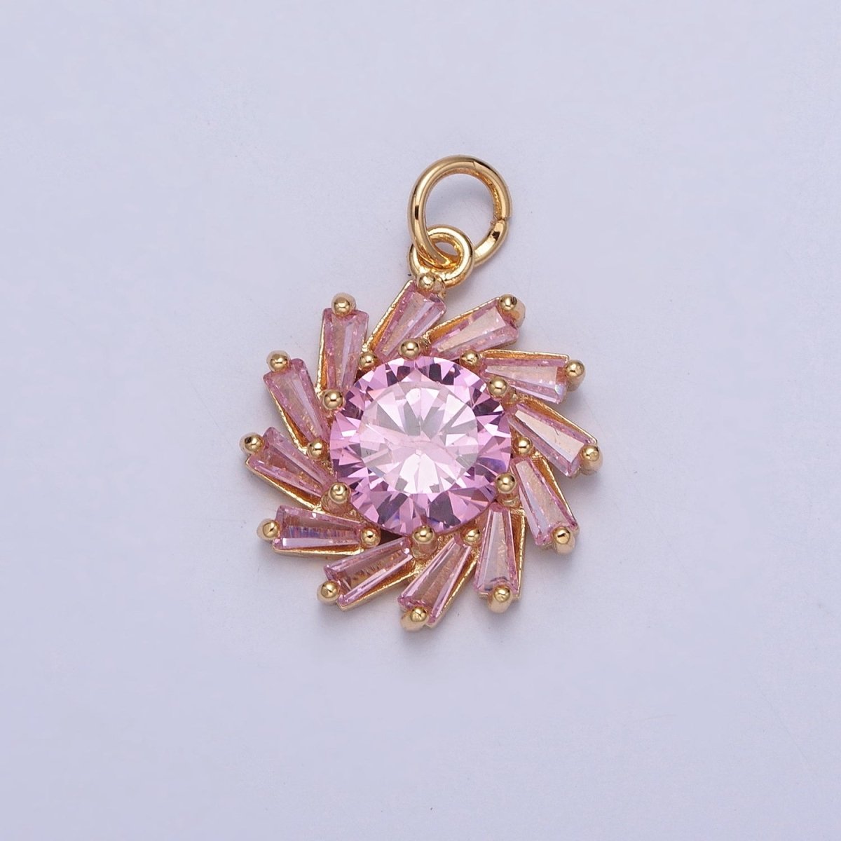 Gold Spiral Pink Baguette Round Cubic Zirconia Charm For Jewelry Making | X-262