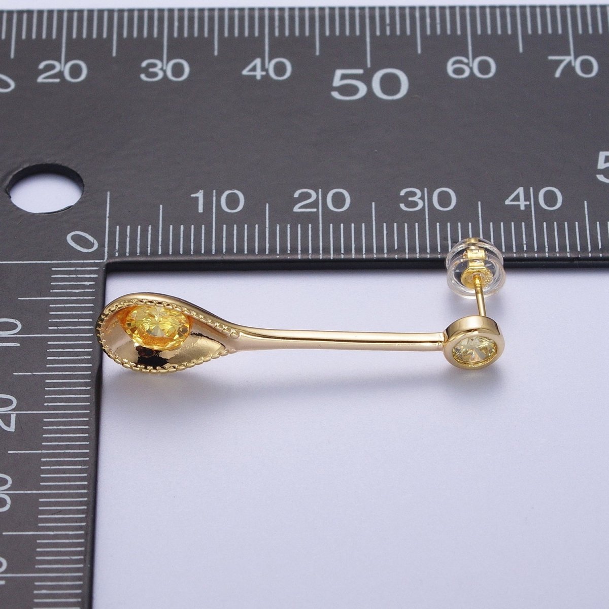 Gold Spoon Utensil Yellow Cubic Zirconia Dangle Statement Stud Earrings | AD-033