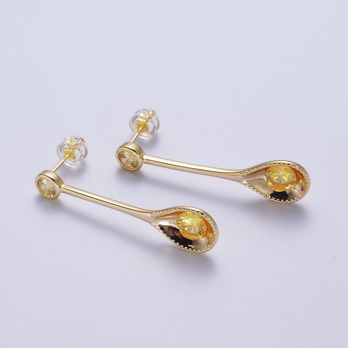 Gold Spoon Utensil Yellow Cubic Zirconia Dangle Statement Stud Earrings | AD-033