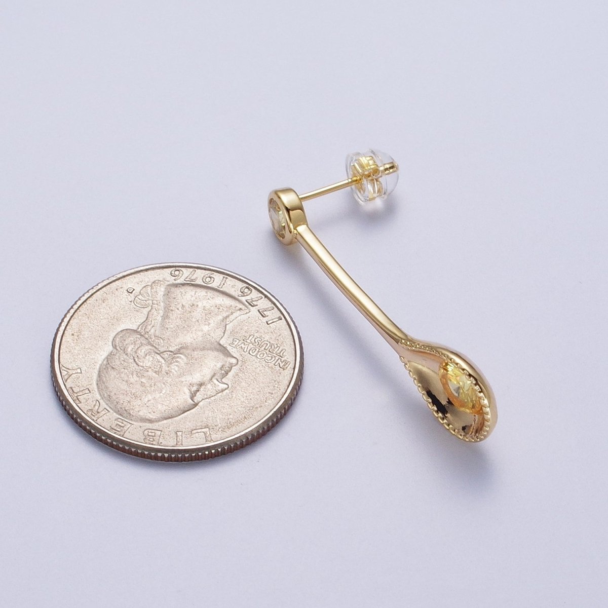 Gold Spoon Utensil Yellow Cubic Zirconia Dangle Statement Stud Earrings | AD-033