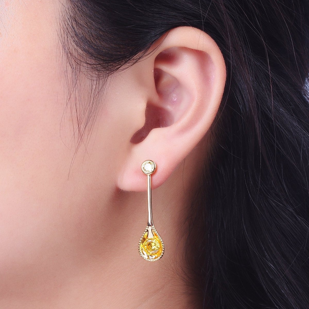 Gold Spoon Utensil Yellow Cubic Zirconia Dangle Statement Stud Earrings | AD-033