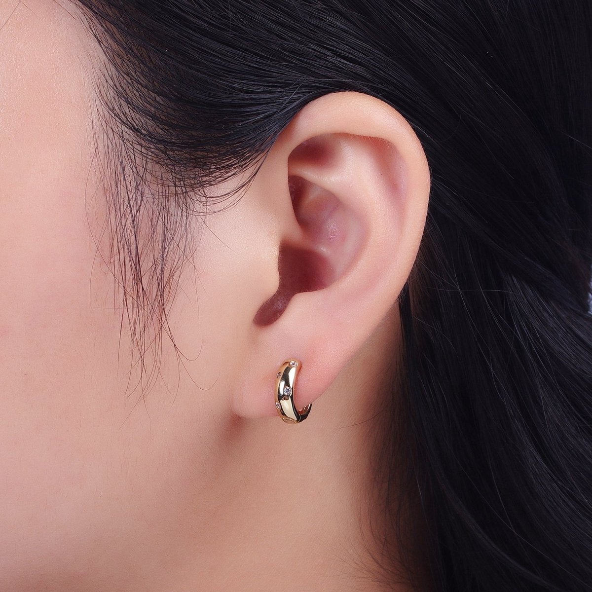 Gold Spot Dotted Round Cubic Zirconia Huggie Hoop Earrings | AD-059