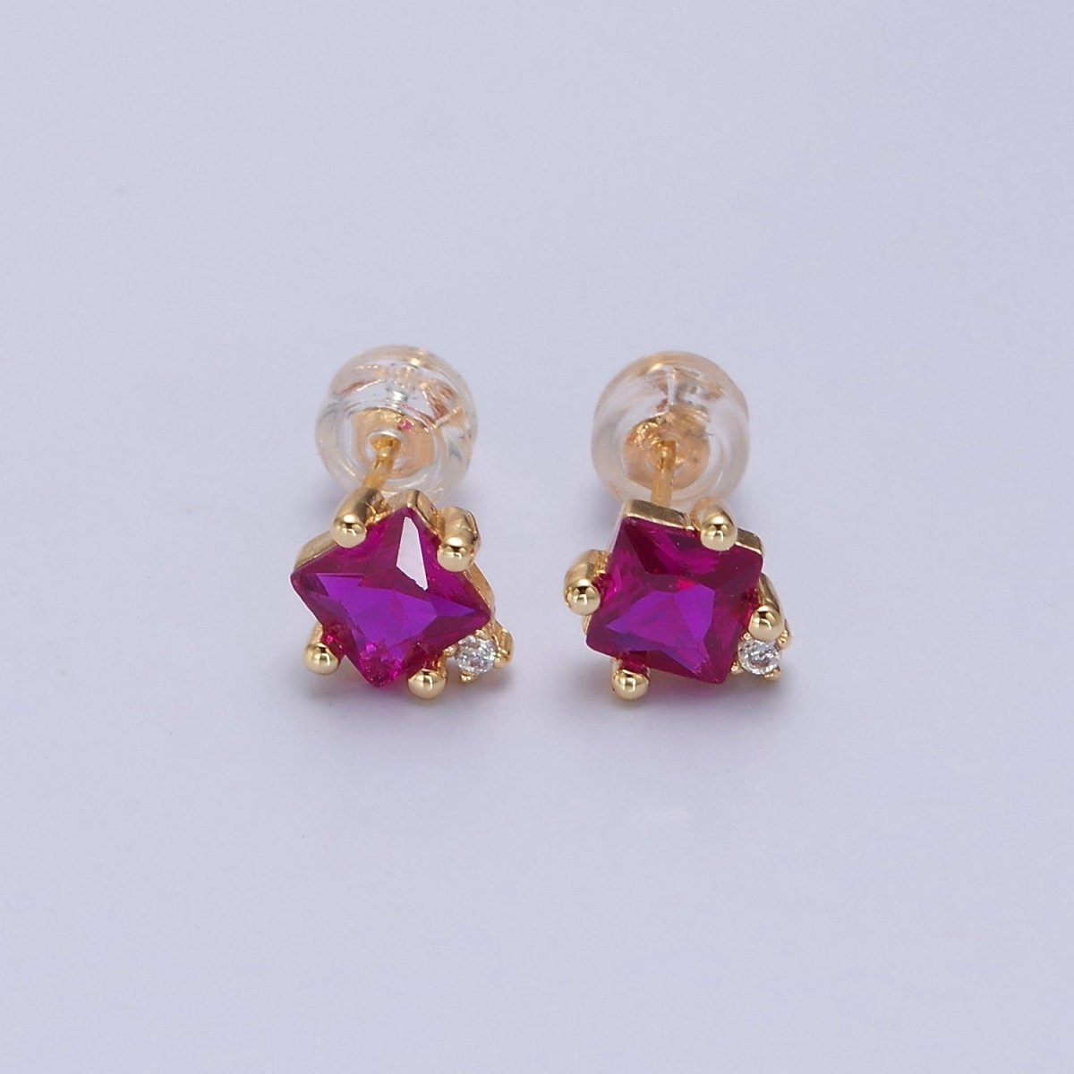 Gold Square Stud Earrings Princess Cut Cubic Zirconia Stones T-385 T-386