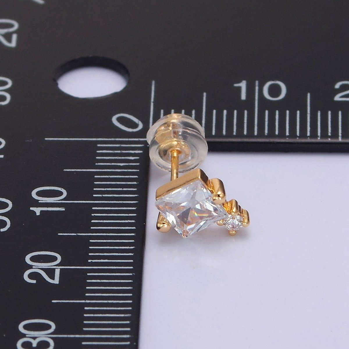 Gold Square Stud Earrings Princess Cut Cubic Zirconia Stones T-385 T-386