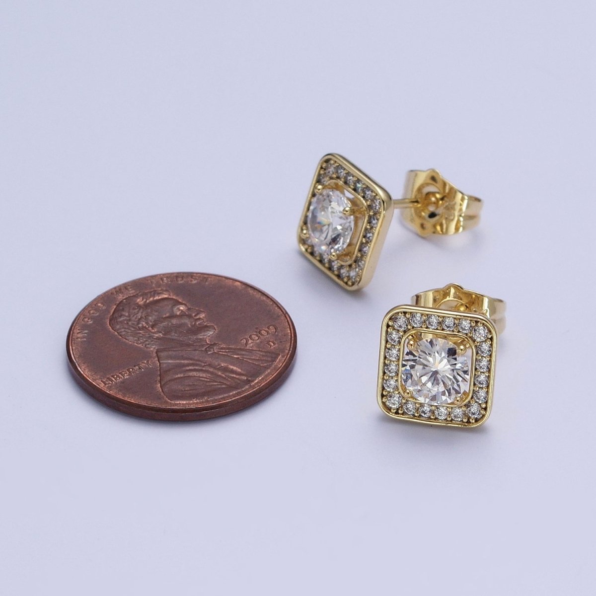 Gold Square Stud Earrings With CZ AE-1029
