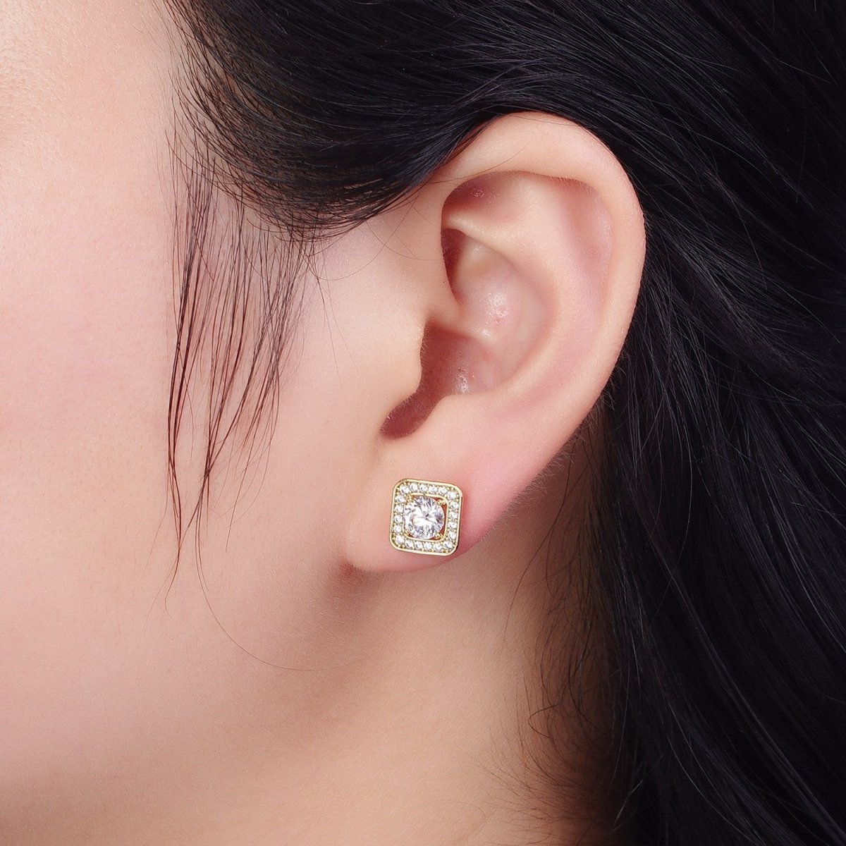 Gold Square Stud Earrings With CZ AE-1029