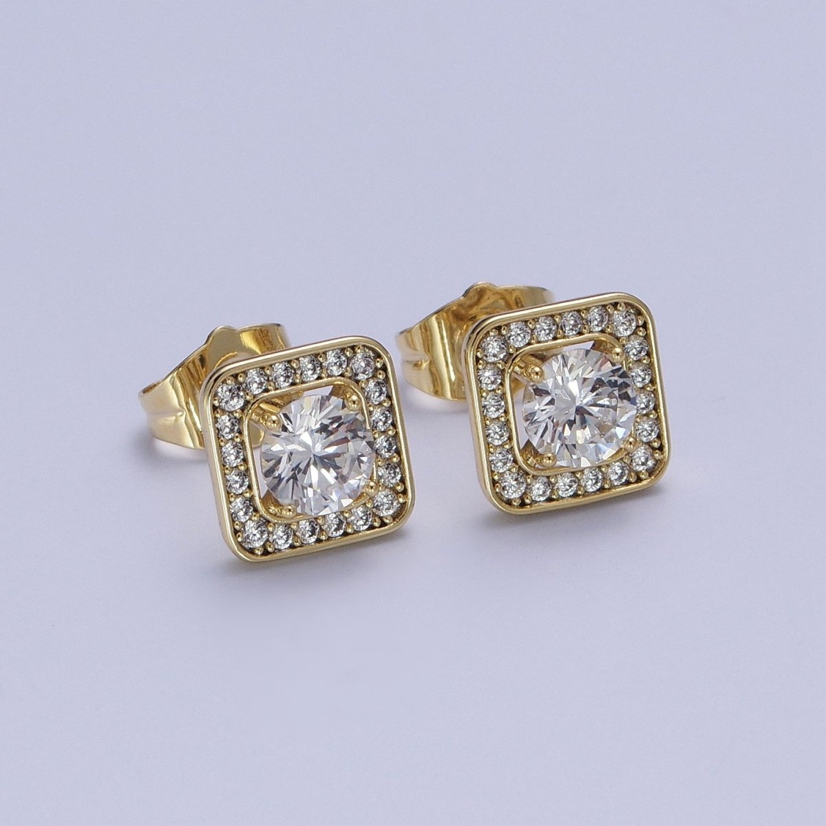 Gold Square Stud Earrings With CZ AE-1029