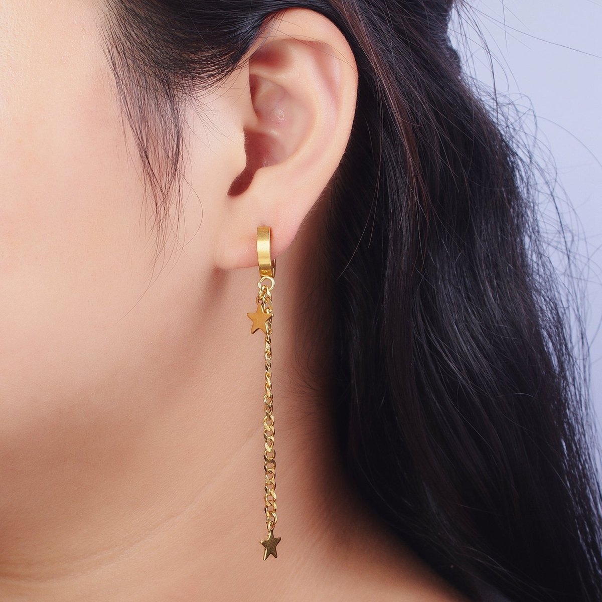 Gold Stainless Steel 13.5mm Huggie Celestial Star, 2 Inch Curb Chain Drop Dangle Earrings | AD-208
