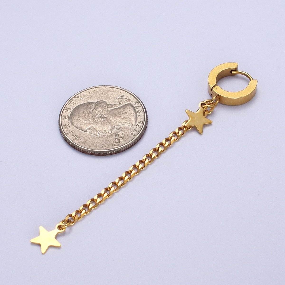 Gold Stainless Steel 13.5mm Huggie Celestial Star, 2 Inch Curb Chain Drop Dangle Earrings | AD-208
