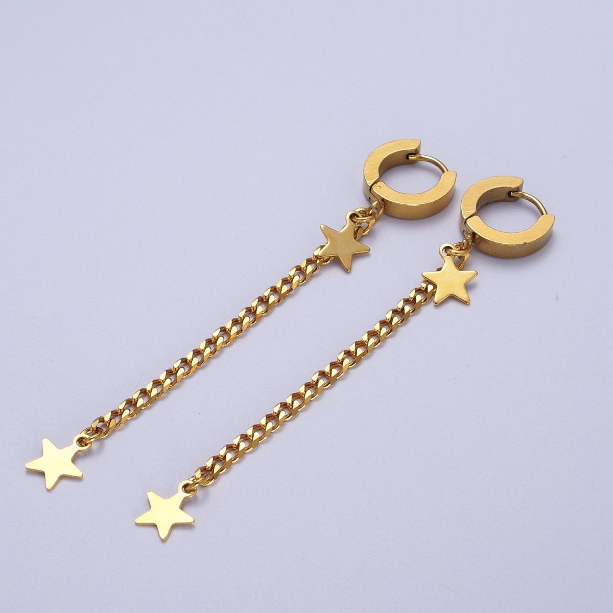Gold Stainless Steel 13.5mm Huggie Celestial Star, 2 Inch Curb Chain Drop Dangle Earrings | AD-208