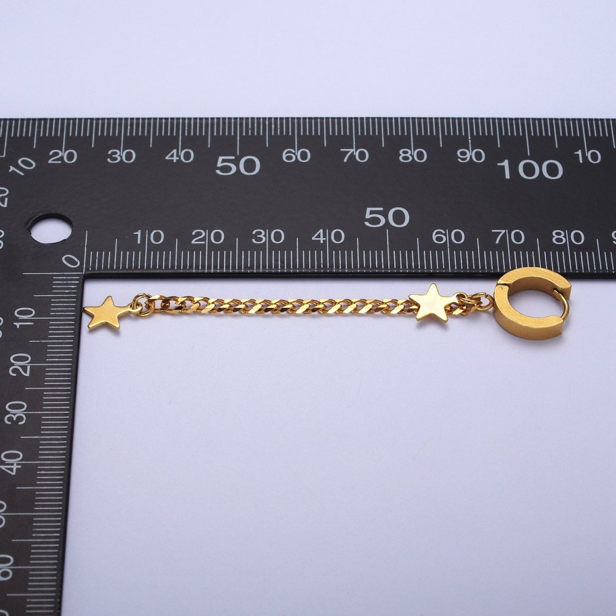 Gold Stainless Steel 13.5mm Huggie Celestial Star, 2 Inch Curb Chain Drop Dangle Earrings | AD-208