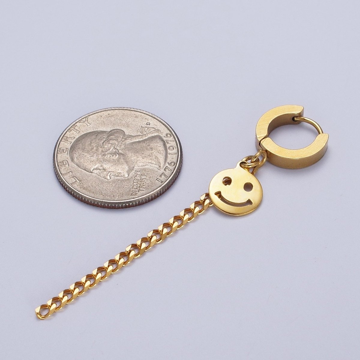 Gold Stainless Steel 13.5mm Huggie Smiley Face, 2.5 Inch Curb Chain Drop Dangle Earrings | AD-207