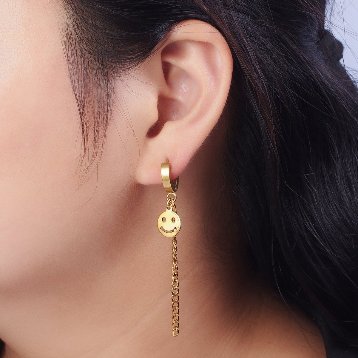 Gold Stainless Steel 13.5mm Huggie Smiley Face, 2.5 Inch Curb Chain Drop Dangle Earrings | AD-207