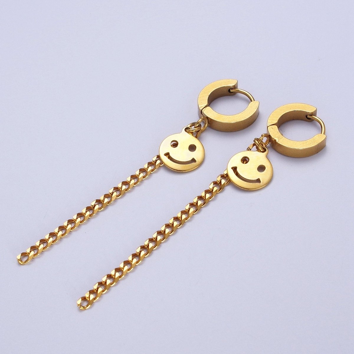 Gold Stainless Steel 13.5mm Huggie Smiley Face, 2.5 Inch Curb Chain Drop Dangle Earrings | AD-207