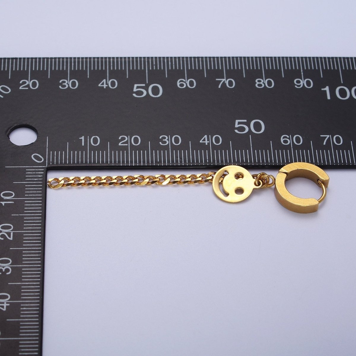 Gold Stainless Steel 13.5mm Huggie Smiley Face, 2.5 Inch Curb Chain Drop Dangle Earrings | AD-207