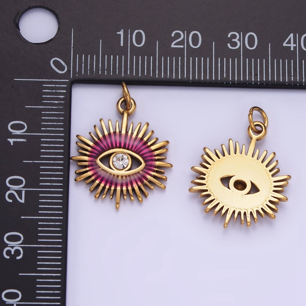 Gold Stainless Steel Evil Eye Charm Micro Pave Sun Burst Pendant P-1380