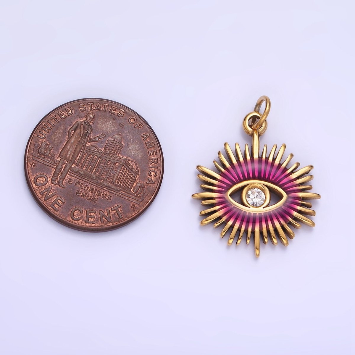 Gold Stainless Steel Evil Eye Charm Micro Pave Sun Burst Pendant P-1380