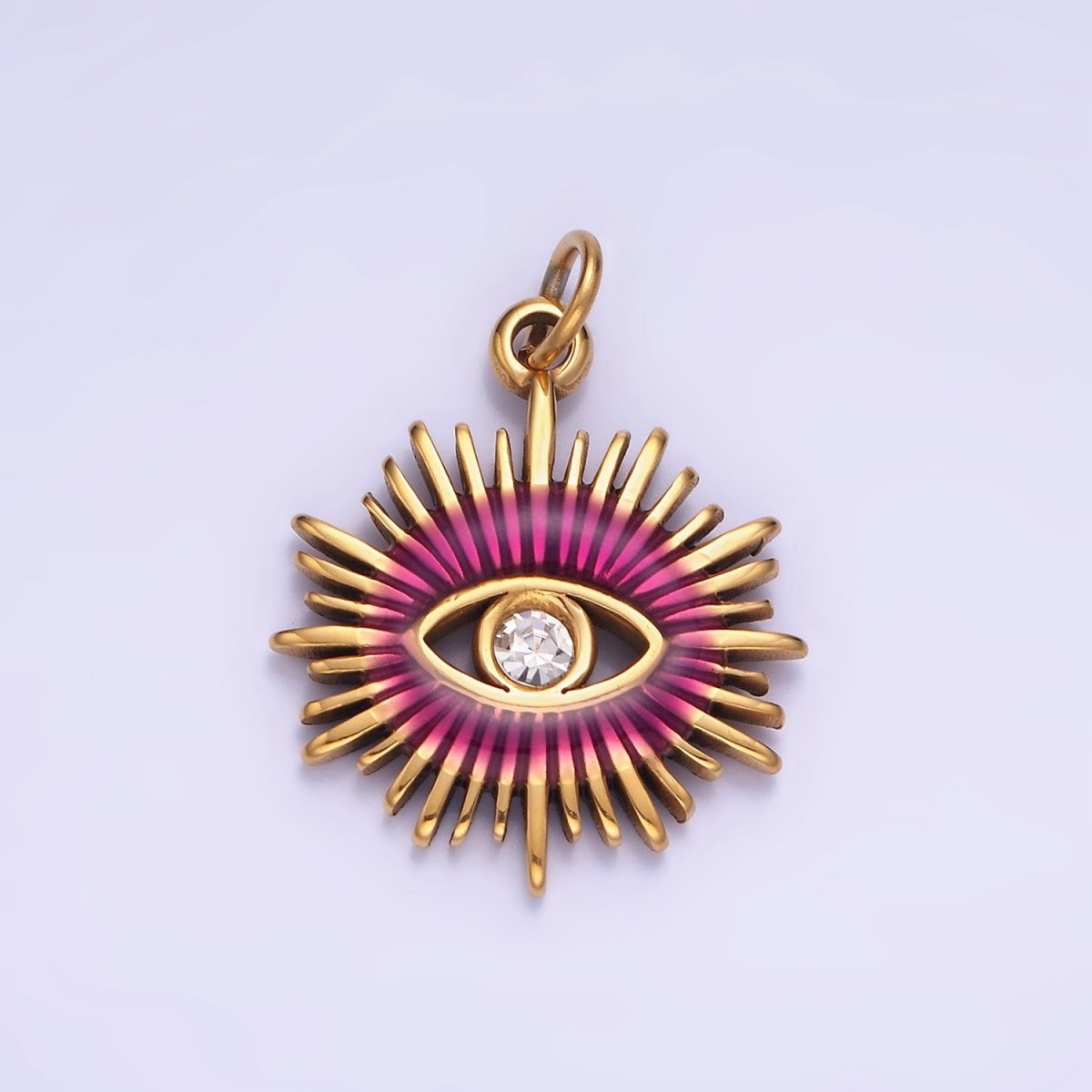 Gold Stainless Steel Evil Eye Charm Micro Pave Sun Burst Pendant P-1380