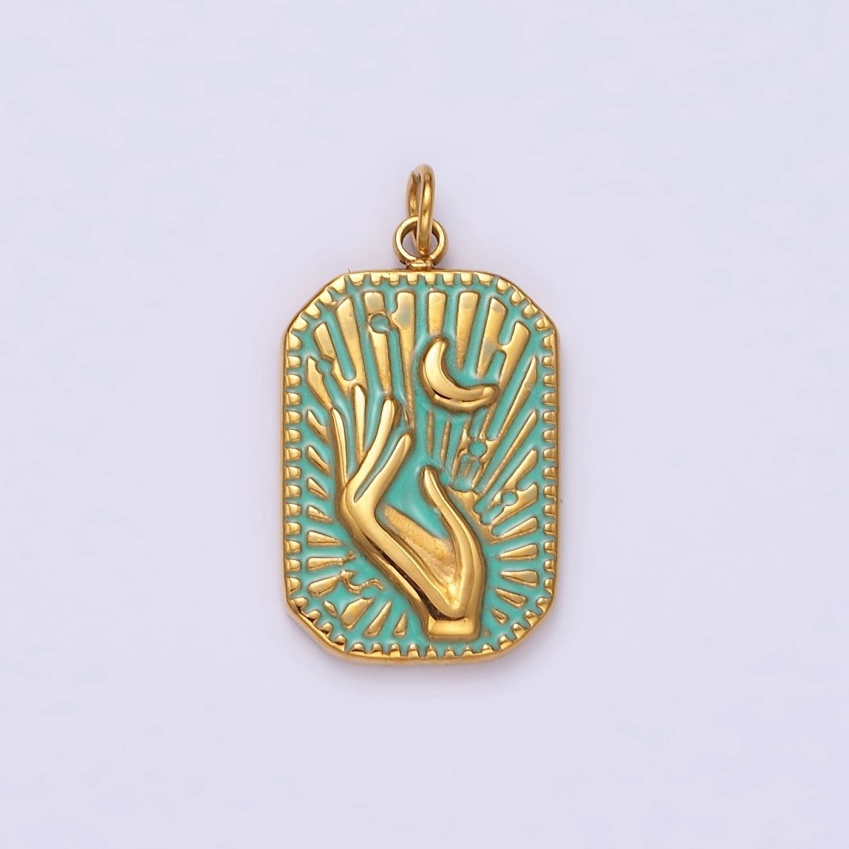Gold Stainless Steel Tag Charm Crescent Moon Sunburst Hand Charm Dainty Teal Enamel Charm P-645