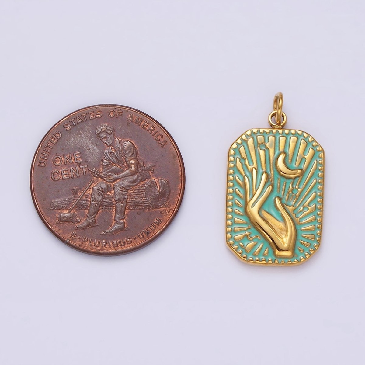 Gold Stainless Steel Tag Charm Crescent Moon Sunburst Hand Charm Dainty Teal Enamel Charm P-645