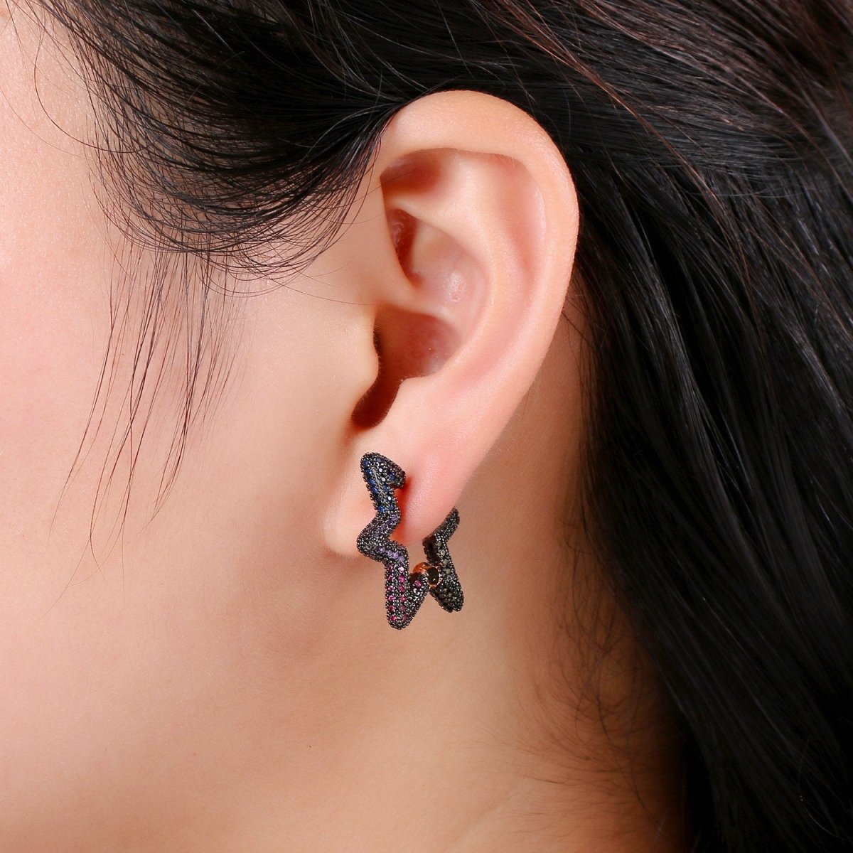Gold Star earrings, Micro Pave huggie hoops with CZ, Hoop earrings Celestial Jewelry Gothic Dark Black Star Earring Q-136