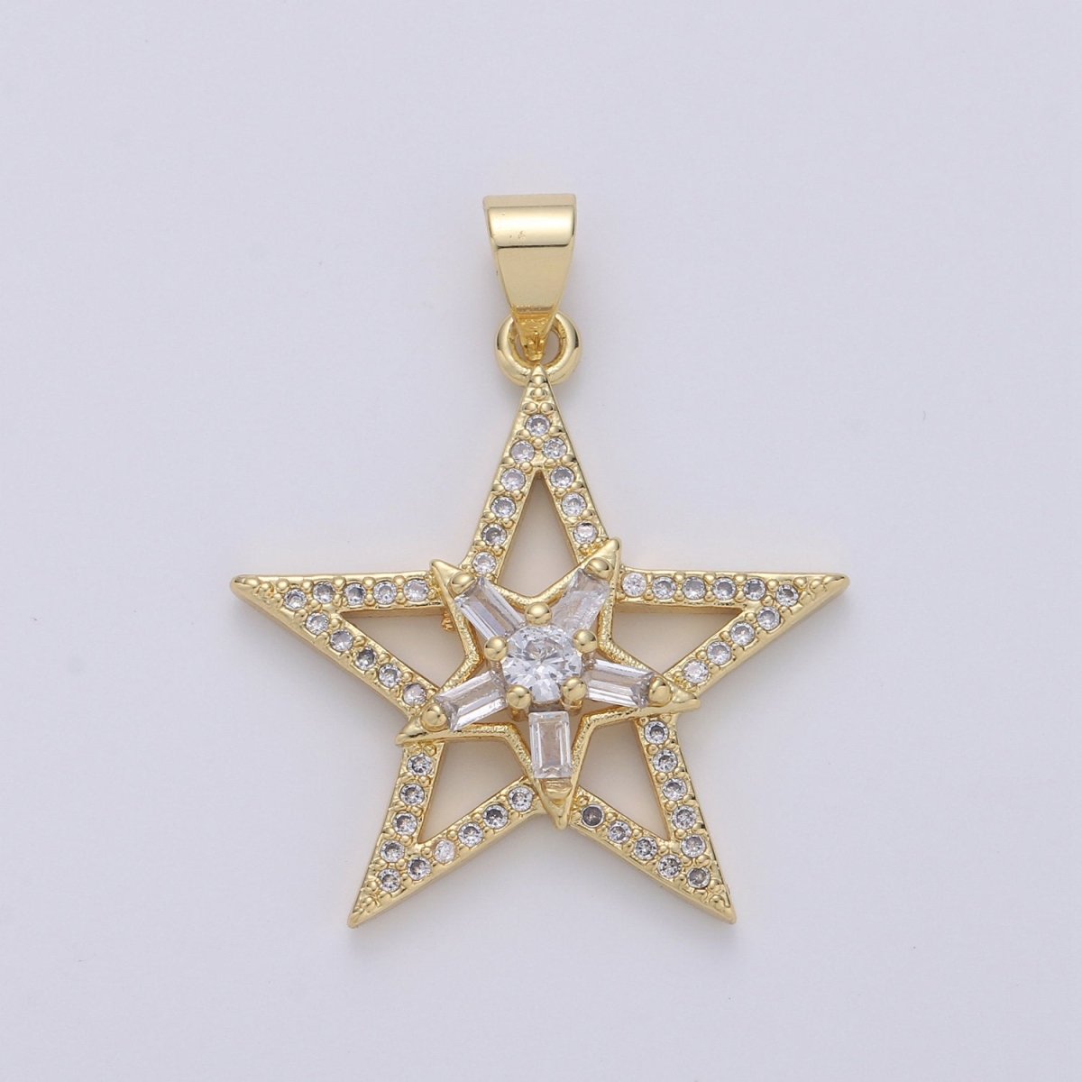 Gold Star Pendant With Baguette Stone, Five Star Charms, Women Necklaces, Star Jewelry, Celestial Jewelry for DIY Necklace 24K Gold Filled I-877