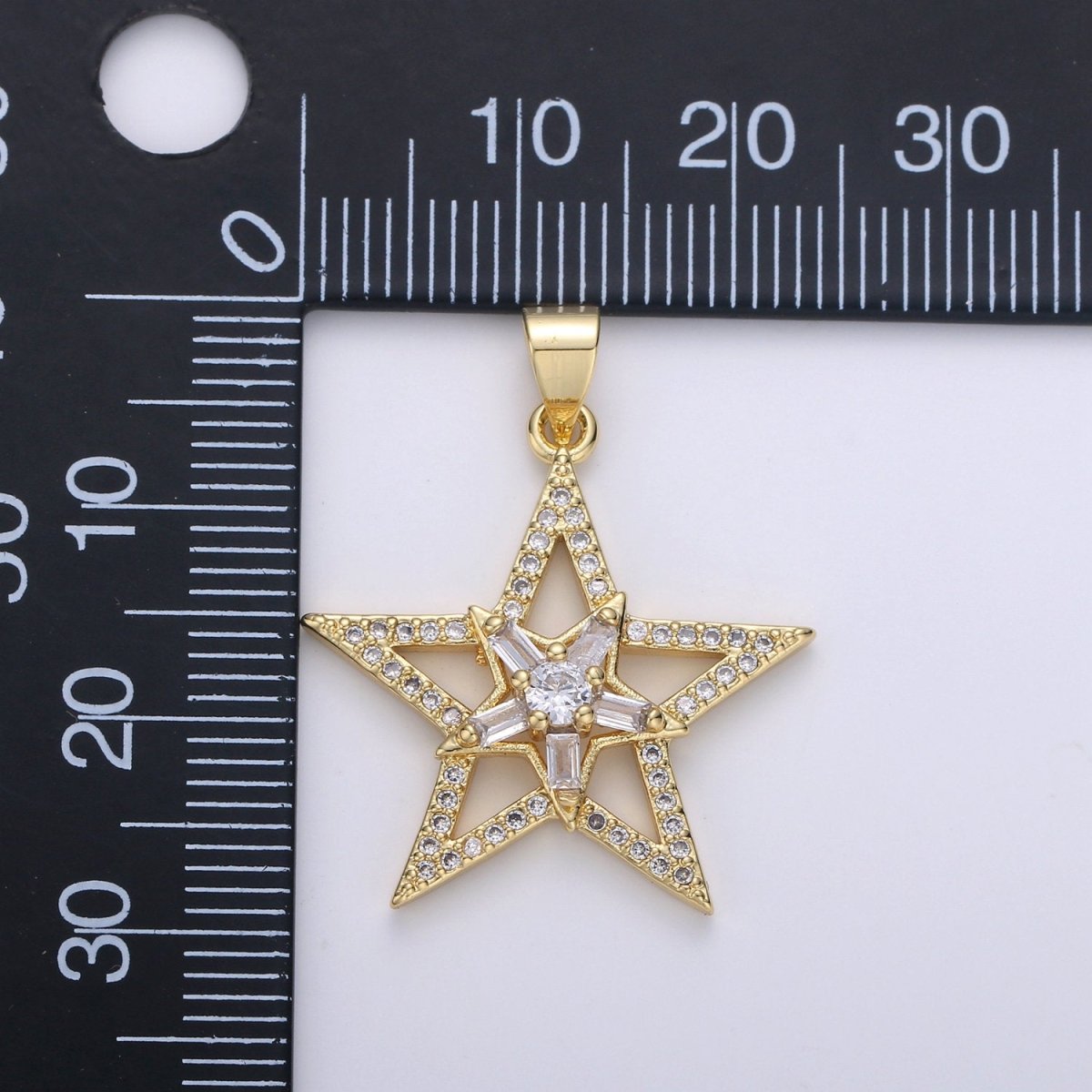 Gold Star Pendant With Baguette Stone, Five Star Charms, Women Necklaces, Star Jewelry, Celestial Jewelry for DIY Necklace 24K Gold Filled I-877