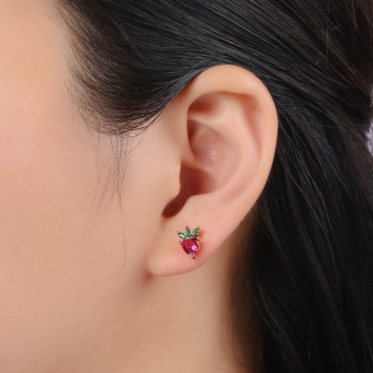 Gold Strawberry Stud Earring, Crystal Berry Studs, Strawberry Fruit Earring, Minimalist Earring, Dainty Earrings for Girls, Gift P-016