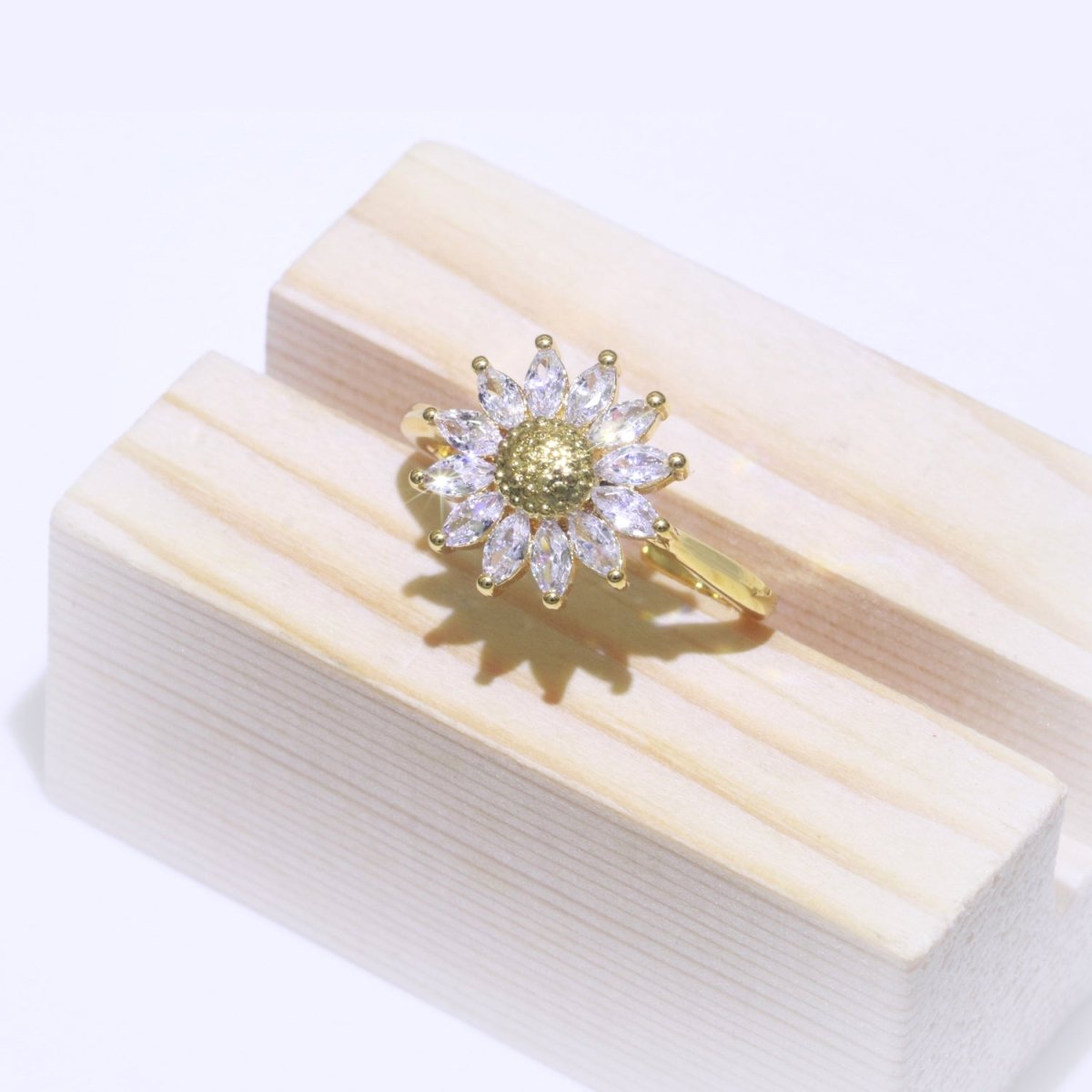 Gold Sun Flower Ring 14k Gold Filed Dainty Ring Cz Open Adjustable Minimalist Ring Stackable Jewelry O-361