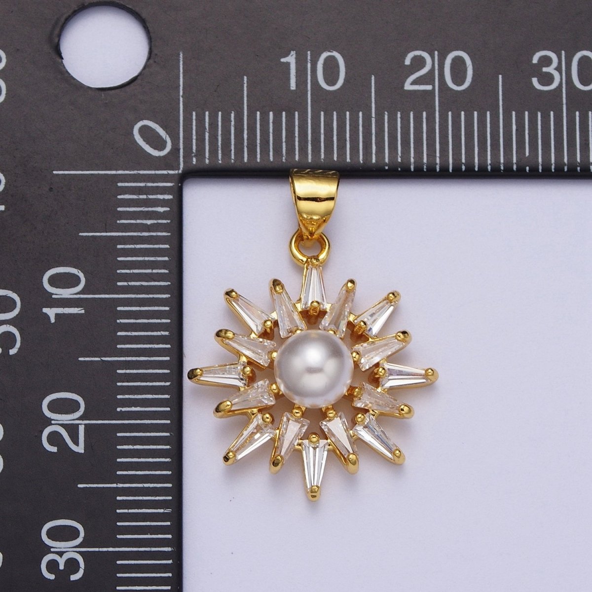 Gold Sun Pendant With Clear Marquise Stone and Pearl Charm for Necklace Pendant X-686
