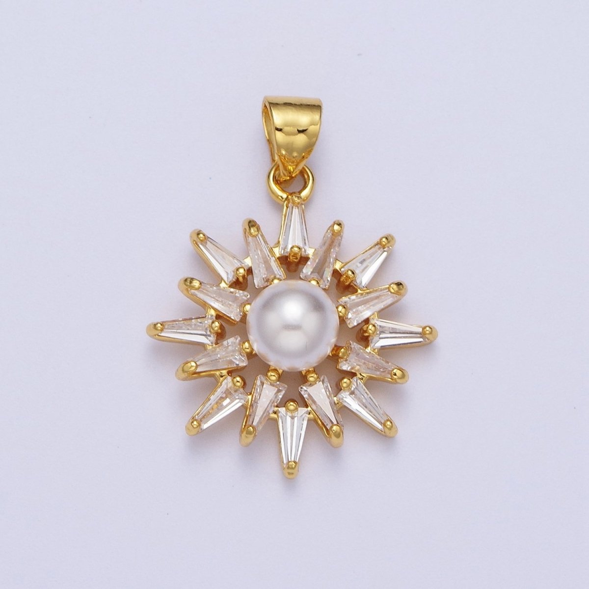 Gold Sun Pendant With Clear Marquise Stone and Pearl Charm for Necklace Pendant X-686
