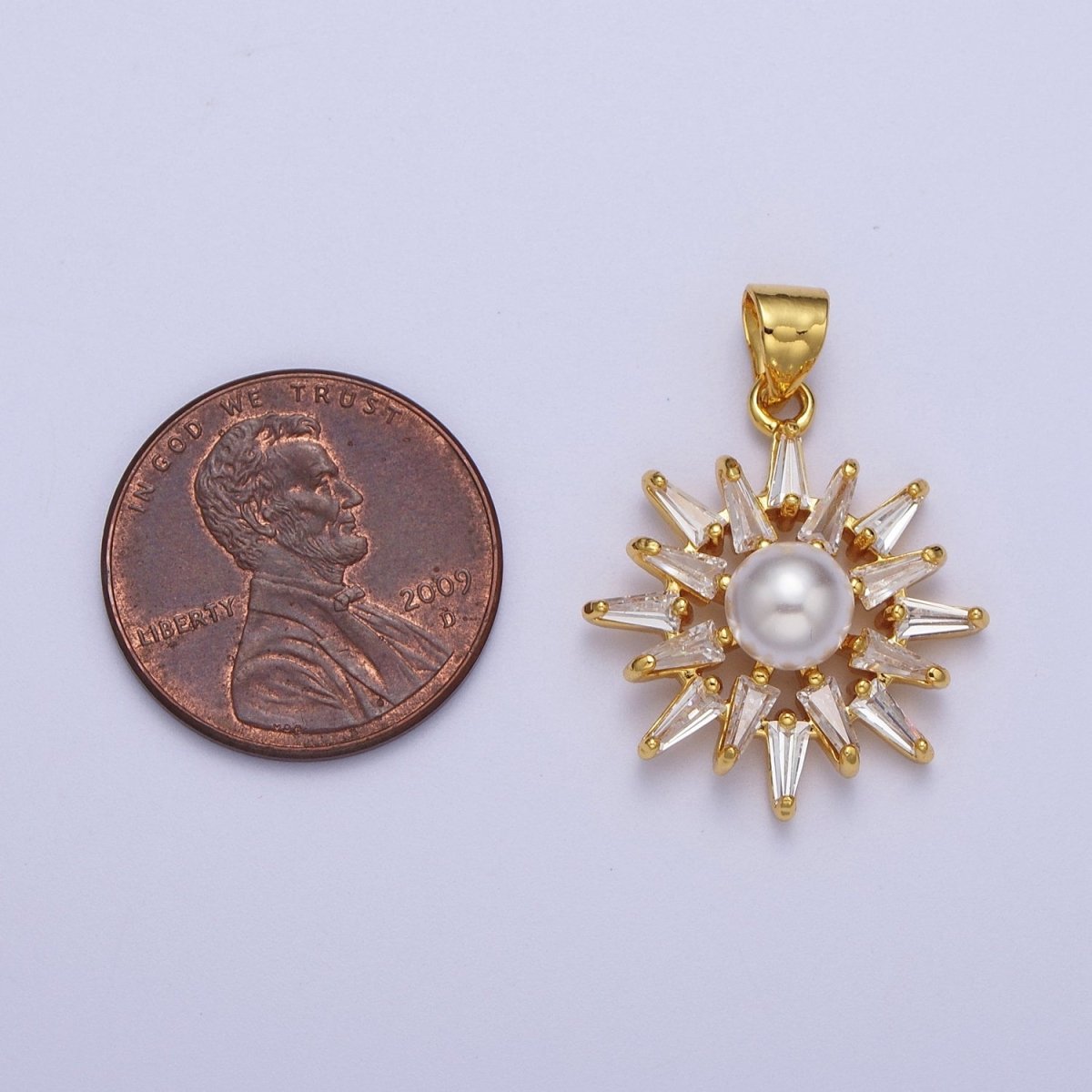 Gold Sun Pendant With Clear Marquise Stone and Pearl Charm for Necklace Pendant X-686