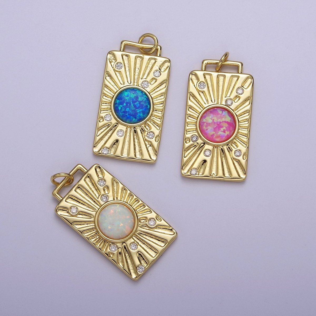 Gold Tag Opal Sunburst Charm Clear Pink Blue Opal Medallion Charm Pendant E-707 E-671 E-670