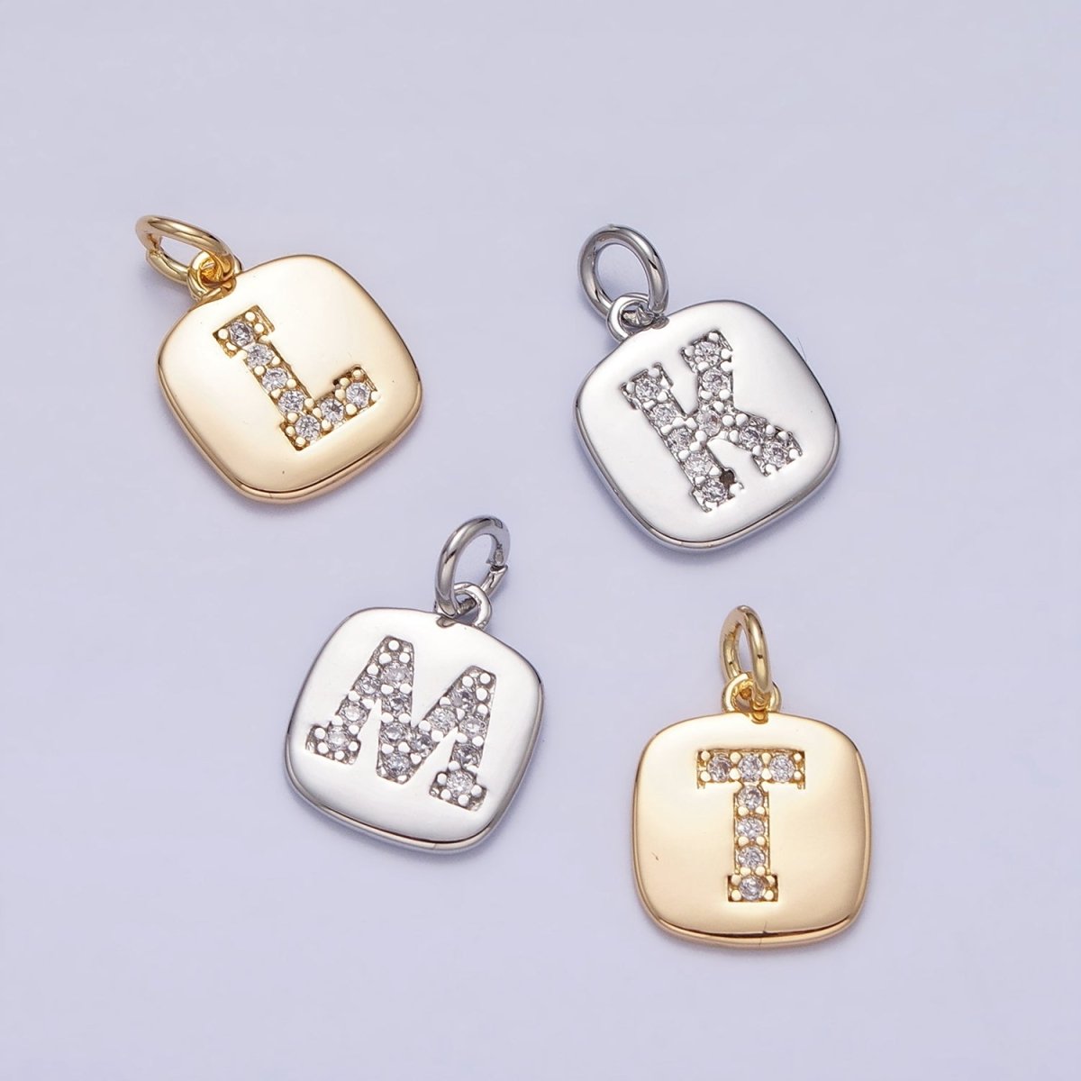 Gold Tag Square CZ Clear Micro Paved Initial Alphabet Dainty Personalized Name Tag Charm | A198-A210
