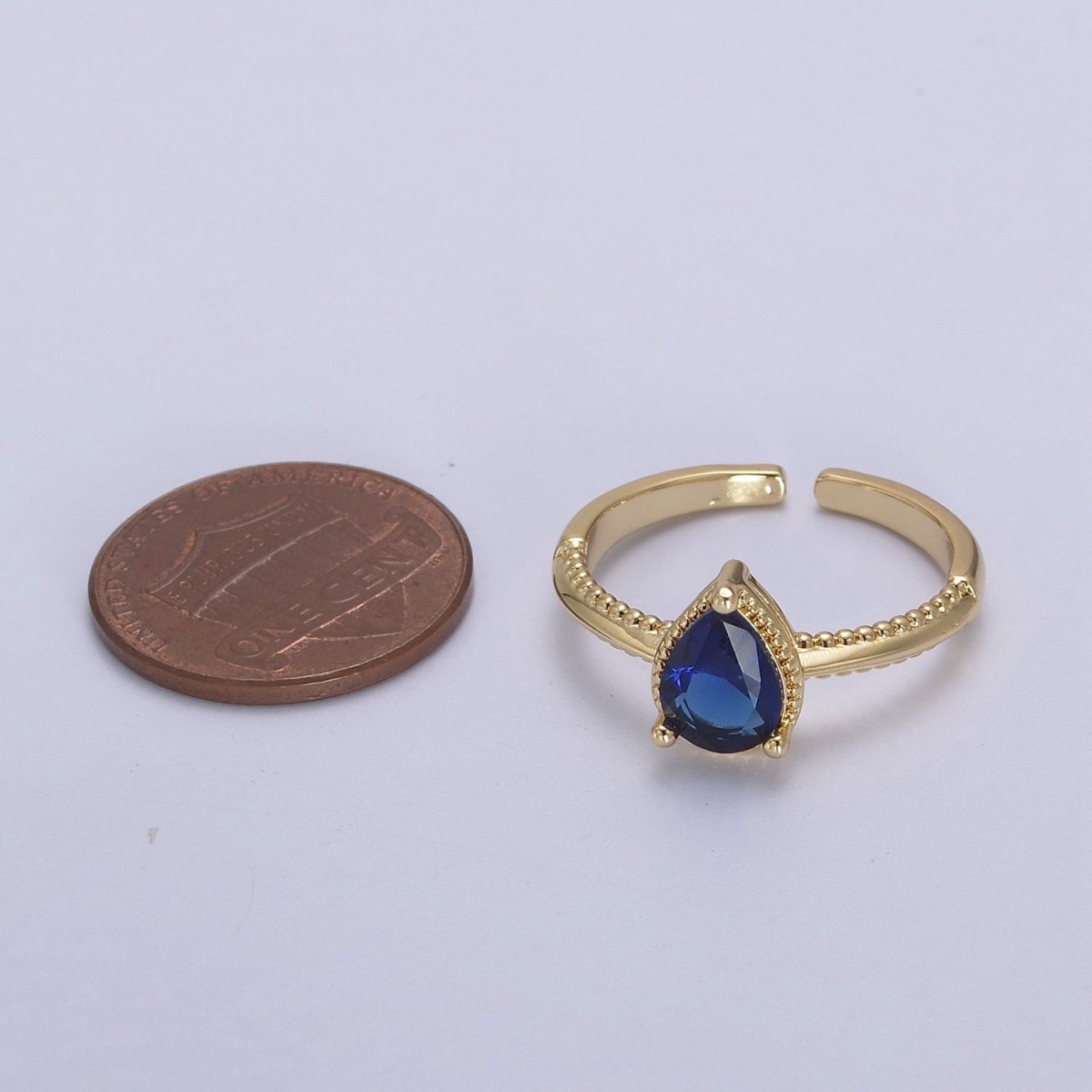 Gold Tear Drop Ring- CZ Pear Cut Ring Eye Tear Cubic Zirconia Open Adjustable Ring S-442 ~ S-447