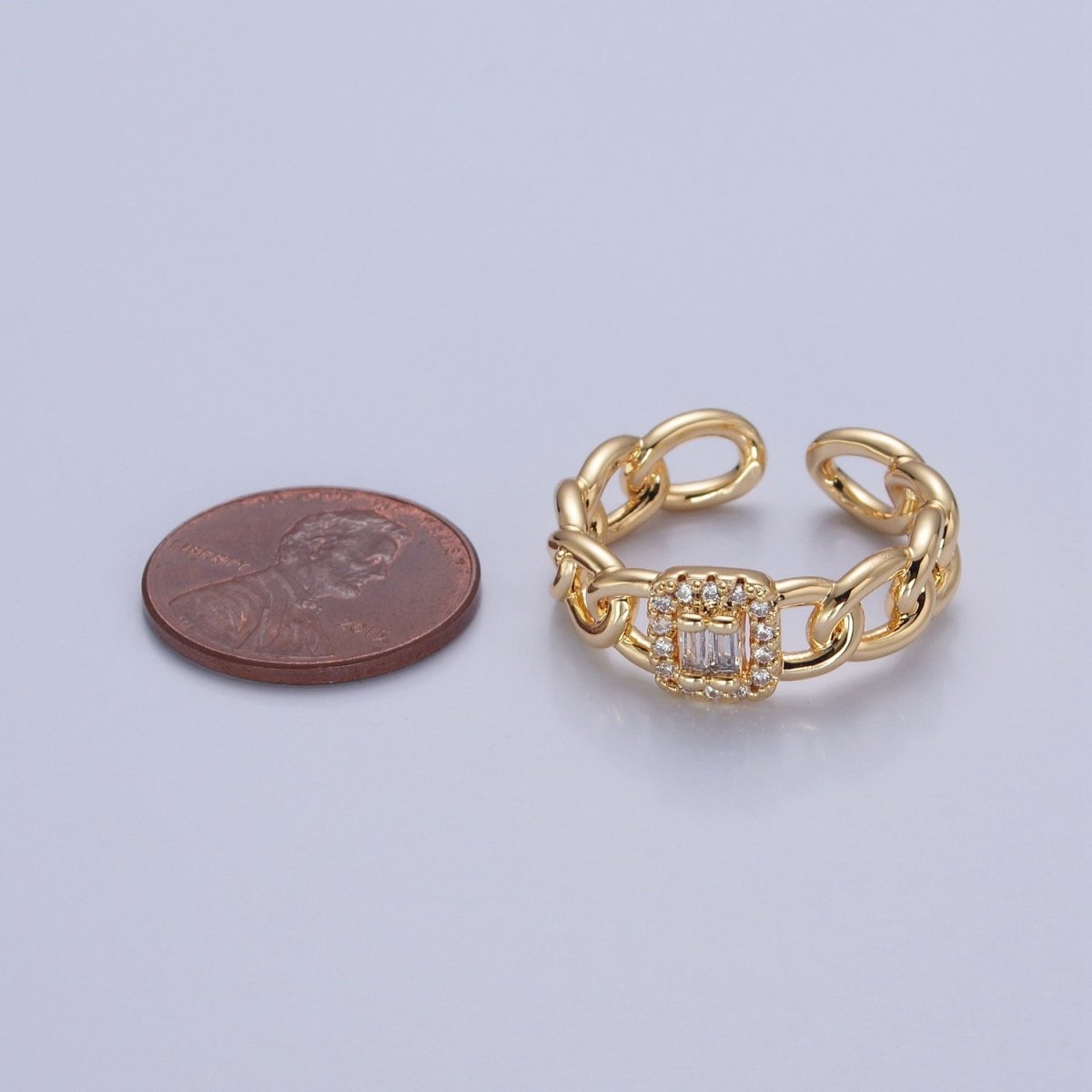 Gold Tiny Baguette Square Ring with Curb Chain Link Band O-2283