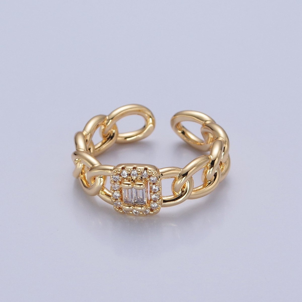 Gold Tiny Baguette Square Ring with Curb Chain Link Band O-2283