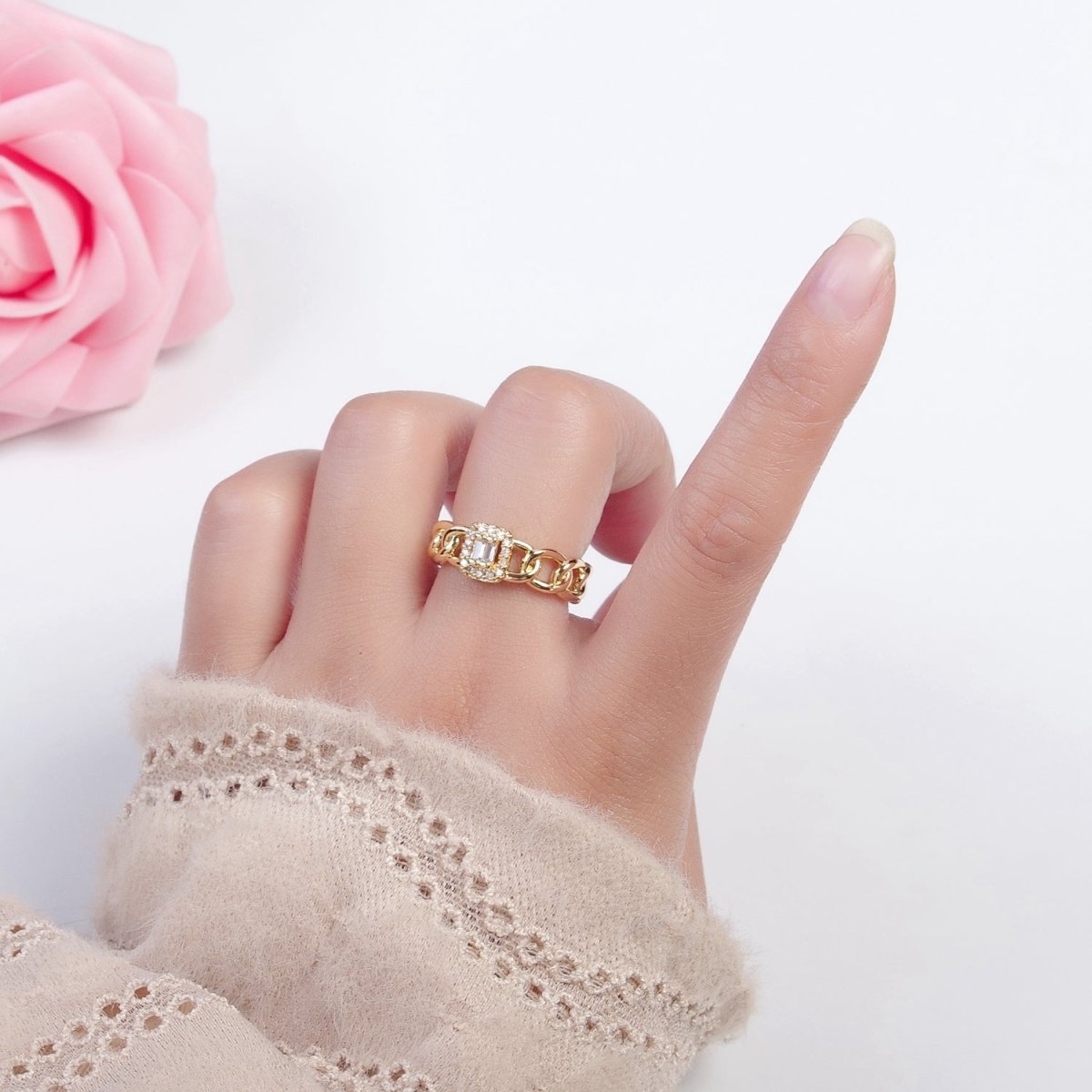 Gold Tiny Baguette Square Ring with Curb Chain Link Band O-2283