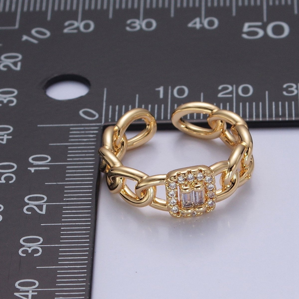 Gold Tiny Baguette Square Ring with Curb Chain Link Band O-2283