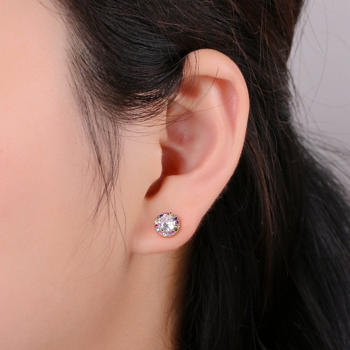 Gold Tiny Stud Earrings - Rainbow Micro Pave Studs - Dainty CZ Studs -5mm Round Crystal Small Stud Earrings Q-298
