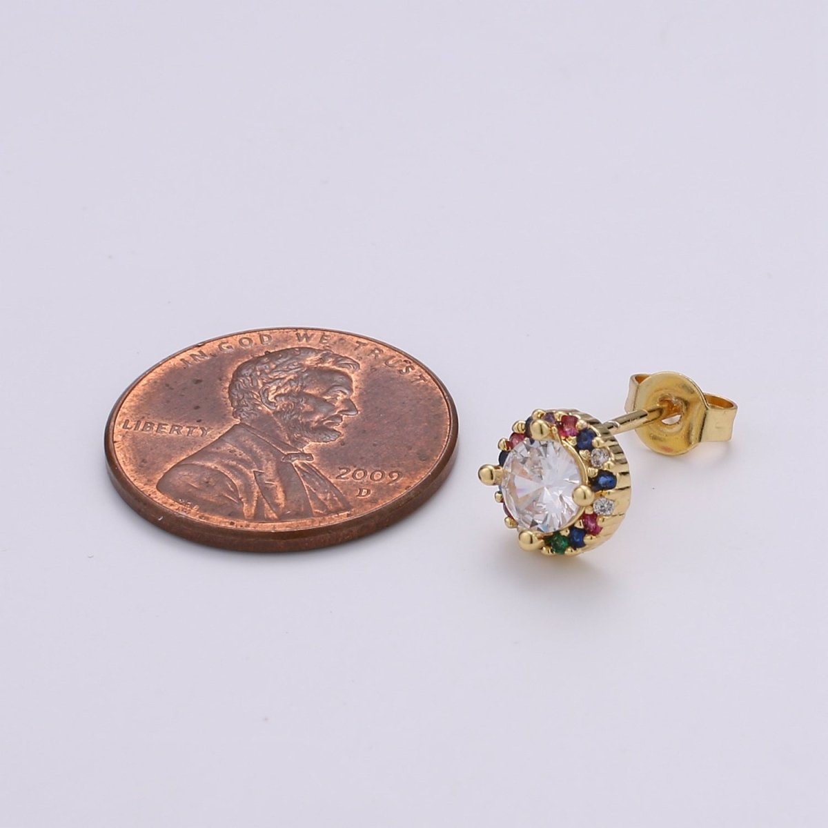 Gold Tiny Stud Earrings - Rainbow Micro Pave Studs - Dainty CZ Studs -5mm Round Crystal Small Stud Earrings Q-298