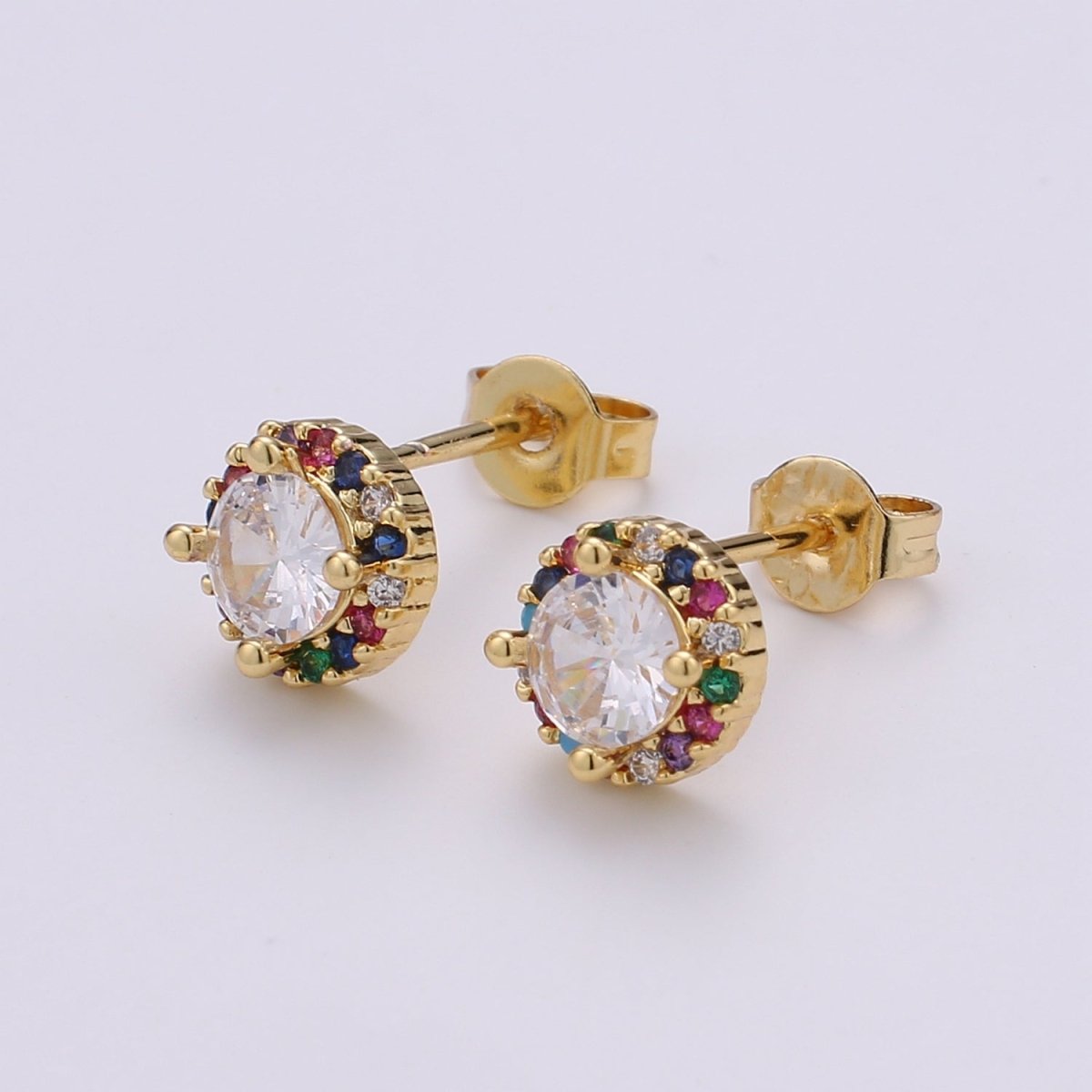 Gold Tiny Stud Earrings - Rainbow Micro Pave Studs - Dainty CZ Studs -5mm Round Crystal Small Stud Earrings Q-298