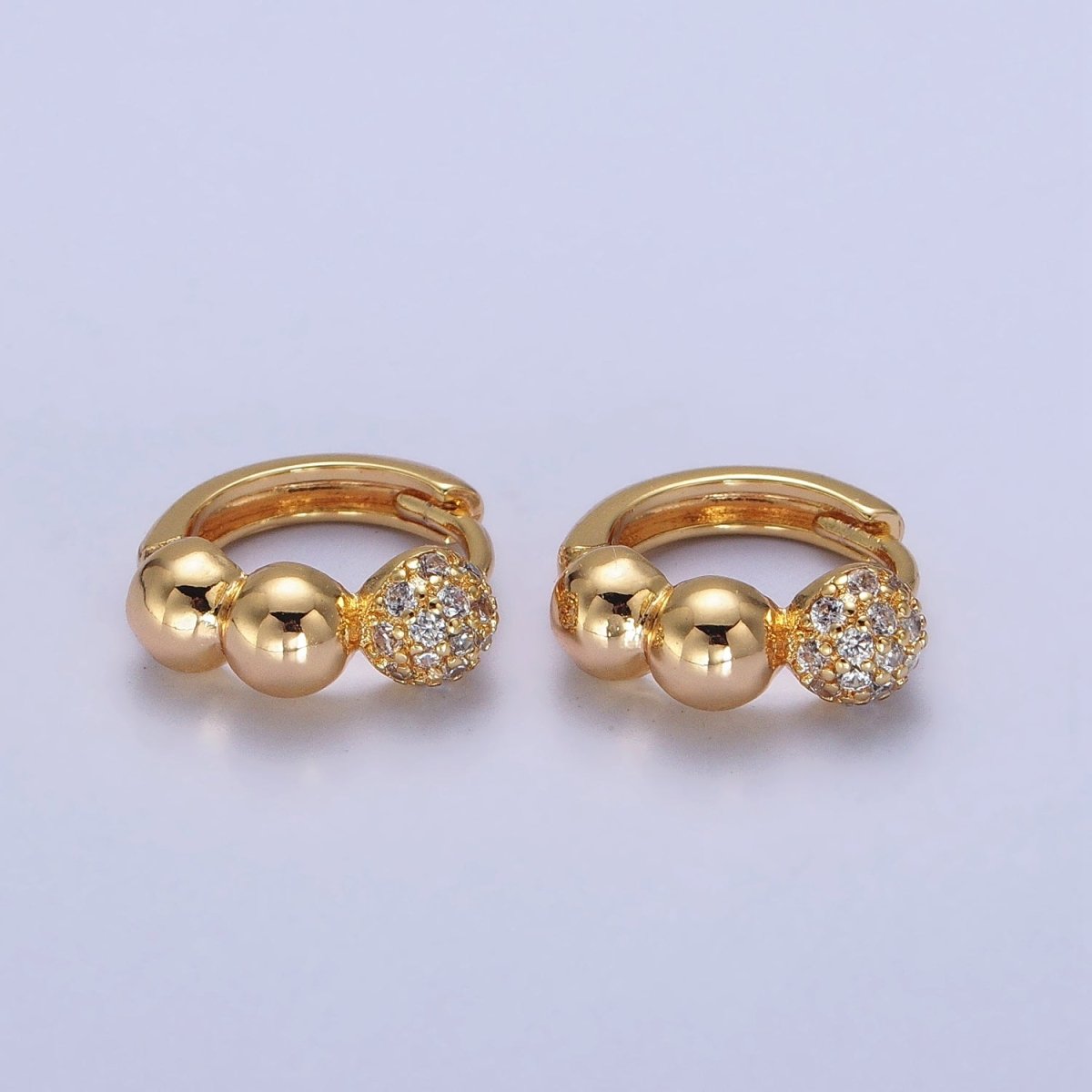 Gold Triple Rounded Beaded Bubble Ball Micro Paved CZ 14mm Huggie Earrings | AB050