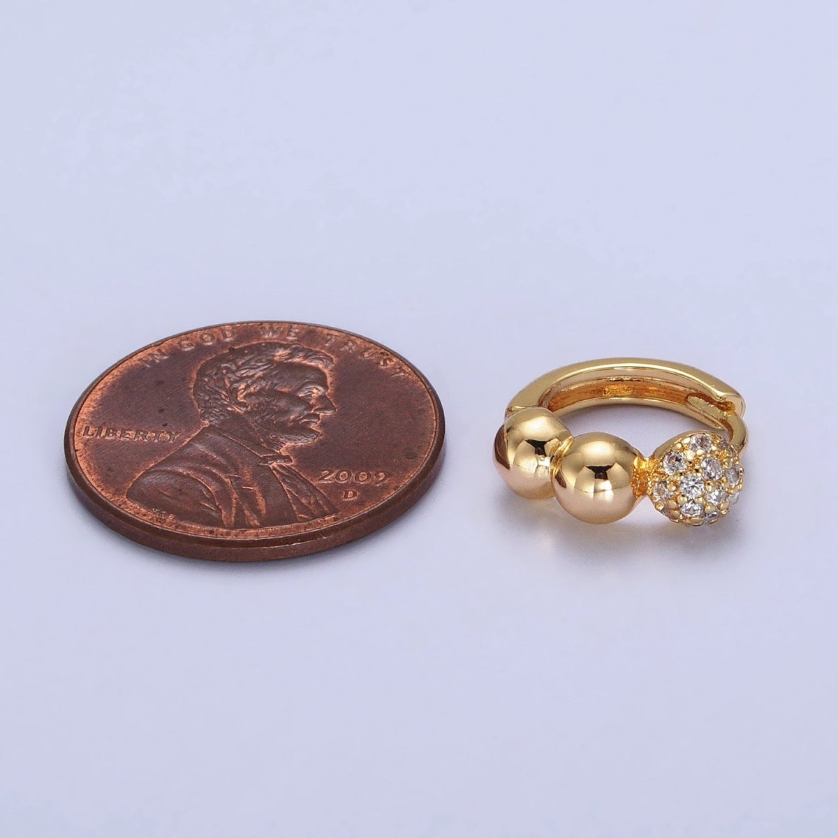 Gold Triple Rounded Beaded Bubble Ball Micro Paved CZ 14mm Huggie Earrings | AB050