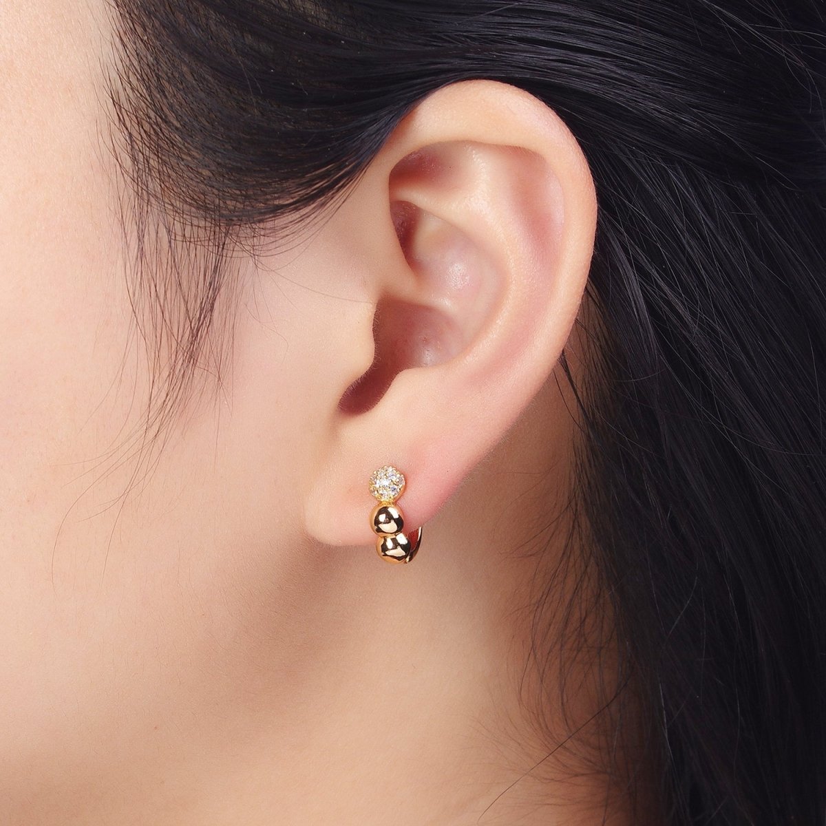Gold Triple Rounded Beaded Bubble Ball Micro Paved CZ 14mm Huggie Earrings | AB050