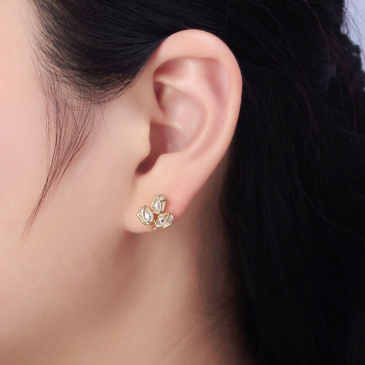 Gold Triple Tulip Nature Flower Clear CZ Stud Earrings | AB520